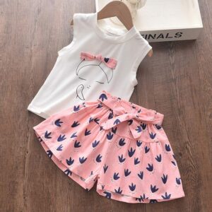 Girls clothing sets, 2 pieces, sleeveless summer outfits + printed bow skirt, kids and babies pieces
