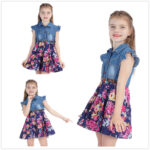 Girls Denim Floral Summer Dress Evening Dress With Belt Children Ruffle Short Sleeve Sportswear Baby Girl Children Fashion Dress