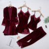 Women's burgundy velvet pajama set, 4 pieces, Kimono, nightgown, nightwear, warm winter velvet, lace, bathrobe