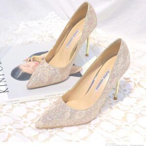 Shining Lace Wedding Shoes For Bride Sequined Stiletto Heel Prom Banquet High Heels Plus Size Pointed Toe 4 Colors Bridal Shoes
