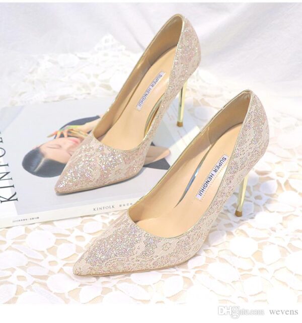 Shining Lace Wedding Shoes For Bride Sequined Stiletto Heel Prom Banquet High Heels Plus Size Pointed Toe 4 Colors Bridal Shoes